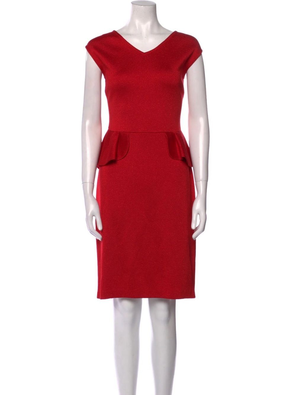 St. John Collection Metallic Knit Sheath Dress Peplum Ruffle V-Neck Size 8 - Picture 2 of 9